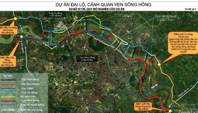 Theo đề xuất, dự án gồm tuyến đại lộ cảnh quan ven sông dài tổng cộng khoảng 80 km chạy dọc theo hai bên bờ sông từ cầu Hồng Hà đến cầu Mễ Sở. 