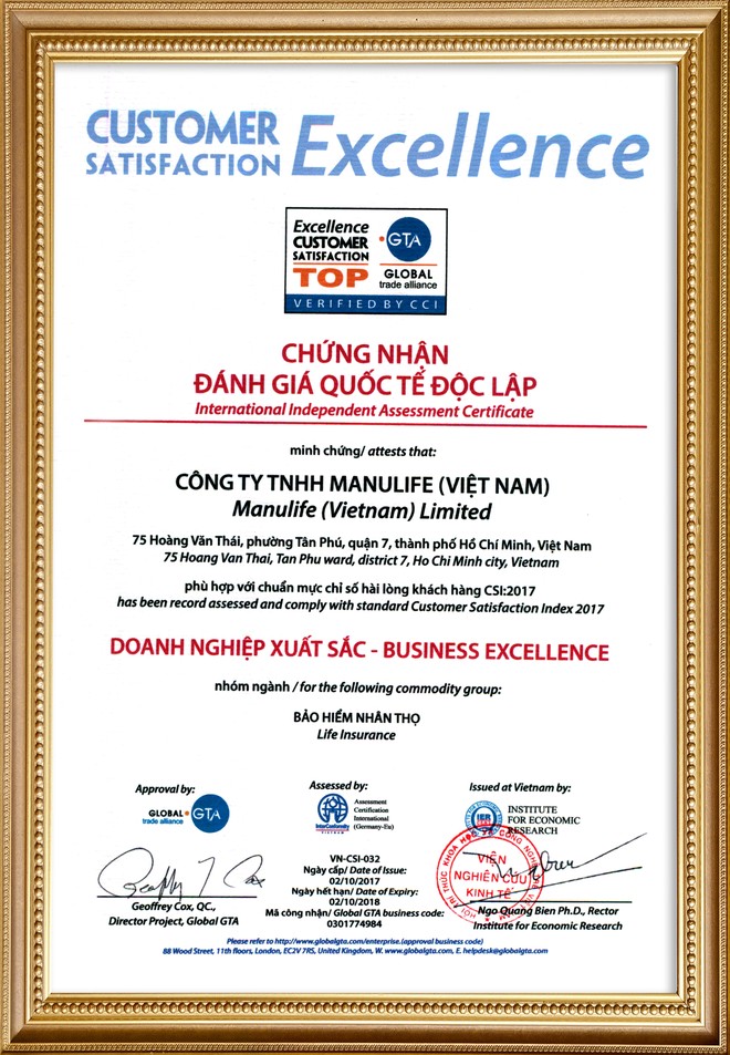 Manulife được trao chứng nhận "Doanh nghiệp xuất sắc về chỉ số hài lòng khách hàng"