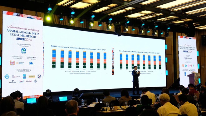 TS. Vũ Thành Tự Anh chỉ ra cơ cấu kinh tế ĐBSCL hầu như không thay đổi từ năm 2017. Ảnh: Trọng Tín