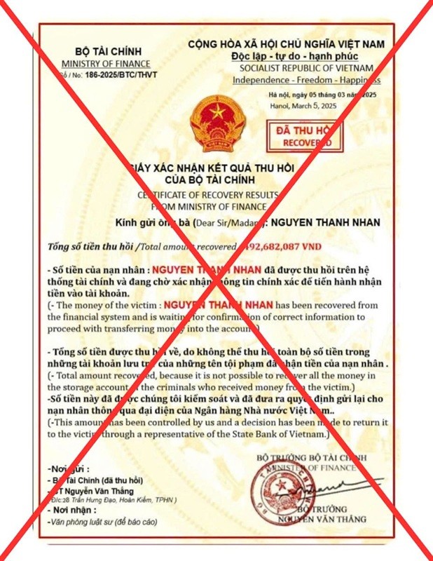 Một văn bản giả mạo con dấu, chữ ký của Bộ trưởng Bộ Tài chính.