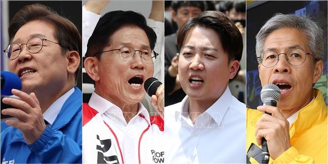 Các ứng viên tranh cử Tổng thống Hàn Quốc (từ trái sang): Lee Jae Myung của đảng Dân chủ (DP), Kim Moon Soo của đảng Quyền lực Quốc dân (PPP), Lee Jun-seok của đảng Cải cách mới (NRP) và Kwon Young Kook của đảng Lao động Dân chủ. Ảnh: Yonhap/TTXVN