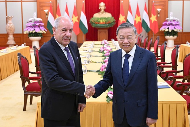 Tổng Bí thư Tô Lâm hội kiến Tổng thống Hungary Sulyok Tamás. Ảnh: Đức Thanh