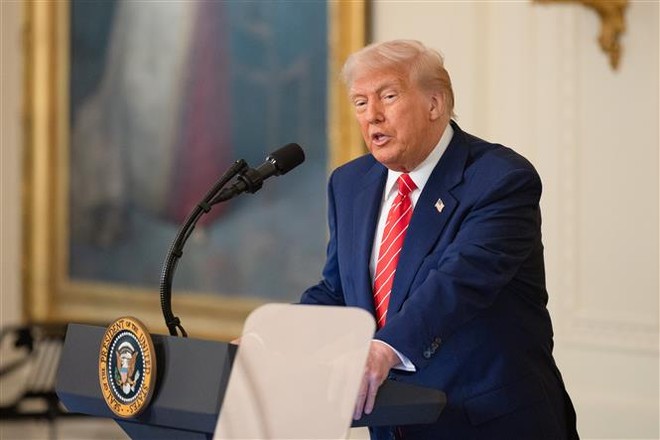 Tổng thống Mỹ Donald Trump phát biểu tại Nhà Trắng ngày 8/5/2025. Ảnh: THX/TTXVN