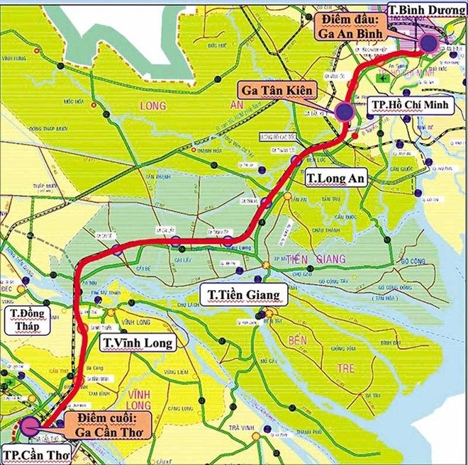 Hướng tuyến Dự án Đầu tư tuyến đường sắt TP.HCM - Cần Thơ 