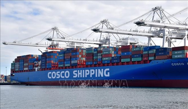 Tàu chở hàng hóa Trung Quốc neo tại cảng Long Beach ở Los Angeles, Mỹ. Ảnh: THX/TTXVN