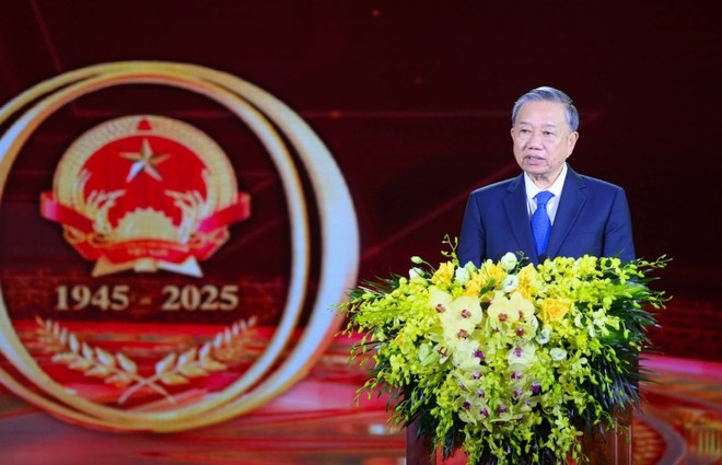 Tổng Bí thư Tô Lâm phát biểu tại Lễ kỷ niệm 80 năm Ngày thành lập Bộ Nội vụ. Ảnh: VGP/TG
