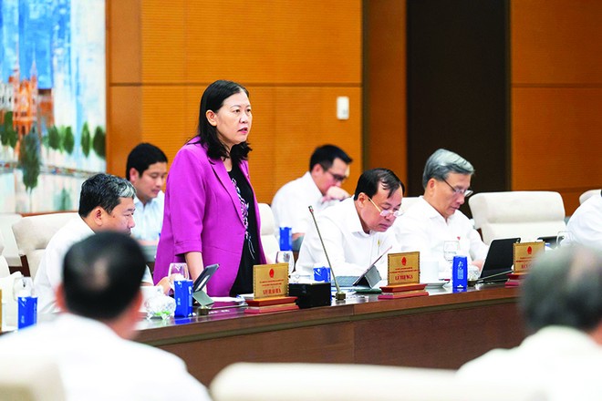 Phó chủ nhiệm Thường trực Ủy ban Dân nguyện và Giám sát của Quốc hội Lê Thị Nga phát biểu tại phiên họp 