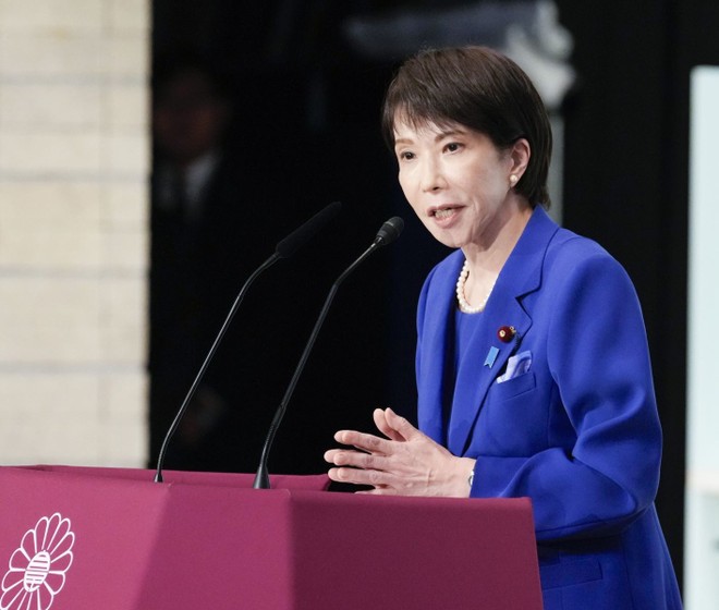 Bà Sanae Takaichi phát biểu trong cuộc bỏ phiếu bầu Chủ tịch đảng LDP cầm quyền Nhật Bản, tại Tokyo, ngày 4/10/2025. Ảnh: Kyodo/TTXVN 