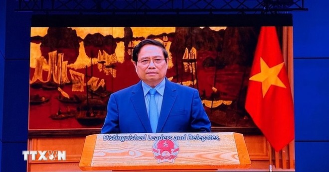Thủ tướng Chính phủ Phạm Minh Chính gửi thông điệp tới hội nghị. (Ảnh: TTXVN).