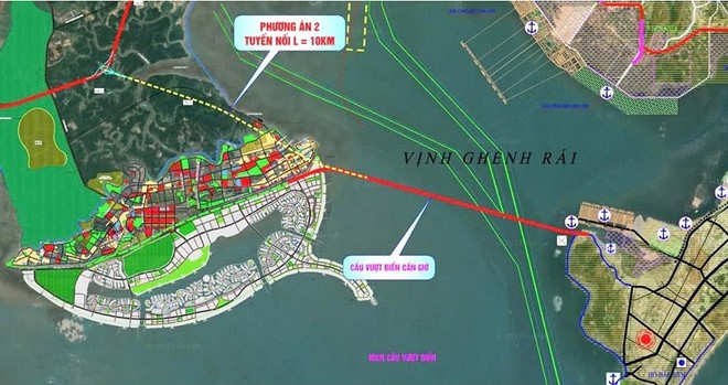 Hướng tuyến dự kiến của tuyến đường vượt biển nối Cần Giờ với Vũng Tàu.