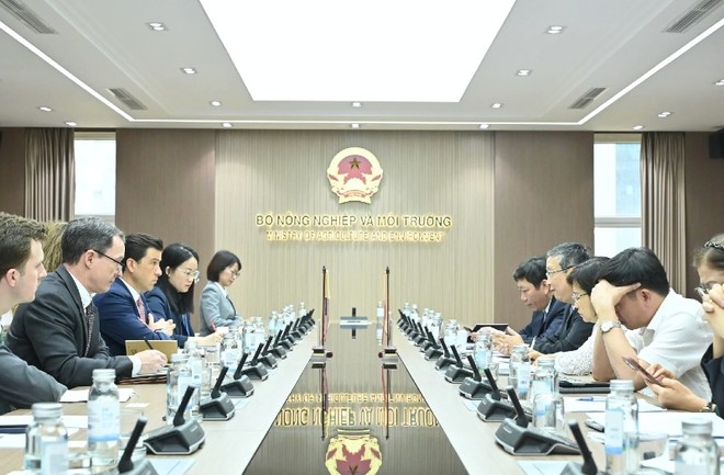 Thứ trưởng Bộ Nông nghiệp và Môi trường Hoàng Trung làm việc với đoàn công tác của Hoa Kỳ.