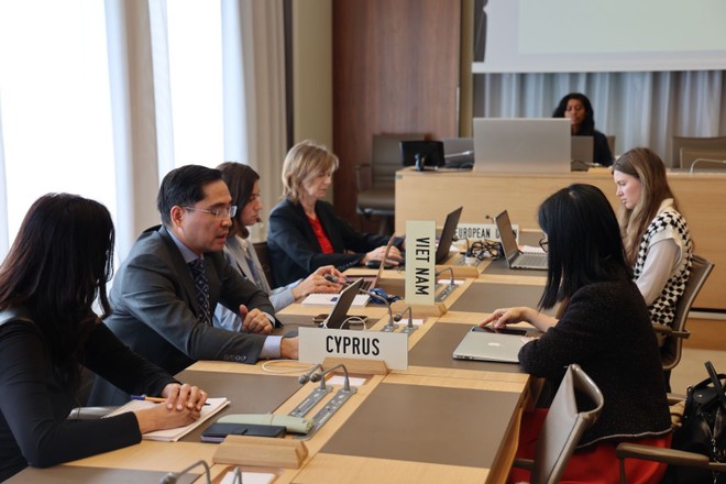 Ông Phạm Quang Huy, Tham tán Công sứ, Phó trưởng Phái đoàn Việt Nam tại Geneva phát biểu tại phiên họp. 