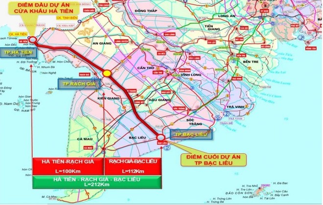 Hướng tuyến dự kiến của Dự án đầu tư xây dựng đường cao tốc Hà Tiên - Rạch Giá - Bạc Liêu.