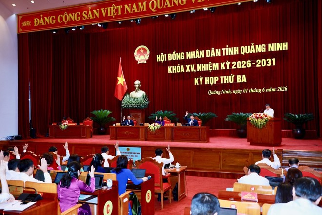 100% đại biểu HĐND tỉnh biểu quyết thông qua các nghị quyết trình tại kỳ họp. Ảnh: QMG