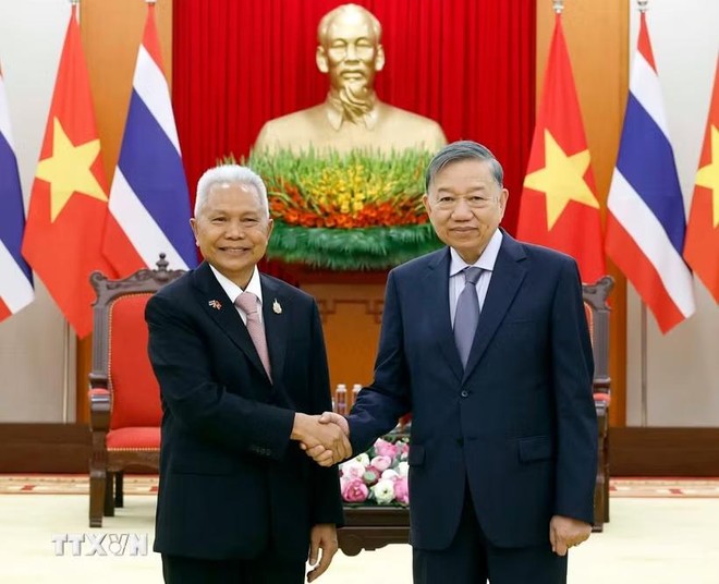 Tổng Bí thư, Chủ tịch nước Tô Lâm tiếp Chủ tịch Quốc hội kiêm Chủ tịch Hạ viện Thái Lan Sophon Zaram. (Ảnh: Thống Nhất/TTXVN)