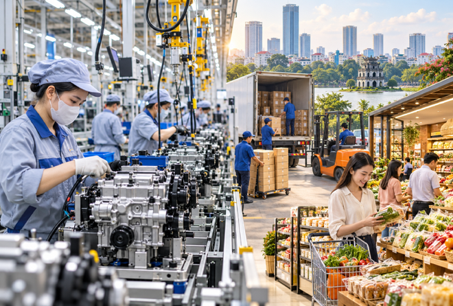 Hoạt động sản xuất công nghiệp và thương mại nội địa tiếp tục tạo động lực quan trọng cho tăng trưởng kinh tế Hà Nội năm 2026. Ảnh: minh họa.