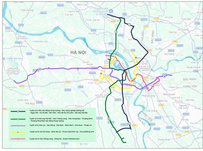 Phương án tuyến của 5 tuyến đường sắt đô thị TP. Hà Nội gồm: số 1, 2, 8, 10 và 14. 