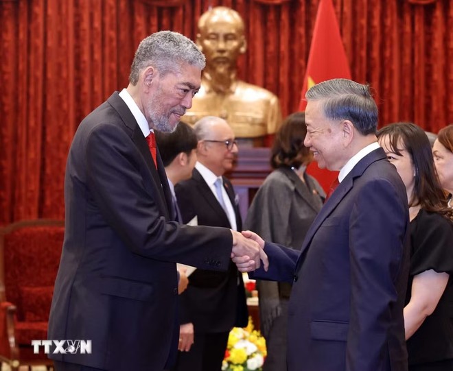 Tổng Bí thư, Chủ tịch nước Tô Lâm tiếp đồng chí Miguel Mejia, Tổng Bí thư Đảng Phong trào Cánh tả Thống nhất (MIU), Bộ trưởng Bộ Chính sách Hội nhập Khu vực của Cộng hòa Dominicana. (Ảnh: Thống Nhất/TTXVN)
