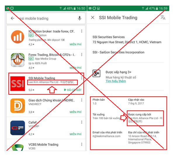 SSI bị làm giả ứng dụng SSI Mobile Trading trên Google Play