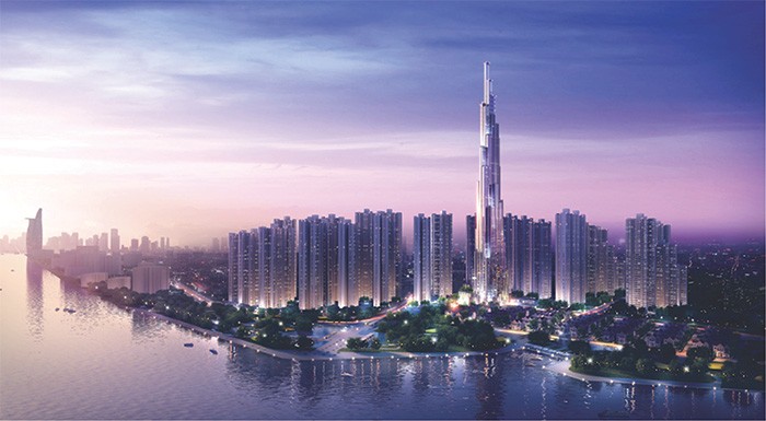 Vinhomes Central Park được nhìn toàn cảnh, hòa quyện cùng với bến nước, rừng cây và thảm thực vật