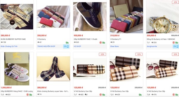 Hàng loạt sản phẩm giả nhãn hiệu Burberry bán trên trang Sendo - Ảnh chụp màn hình