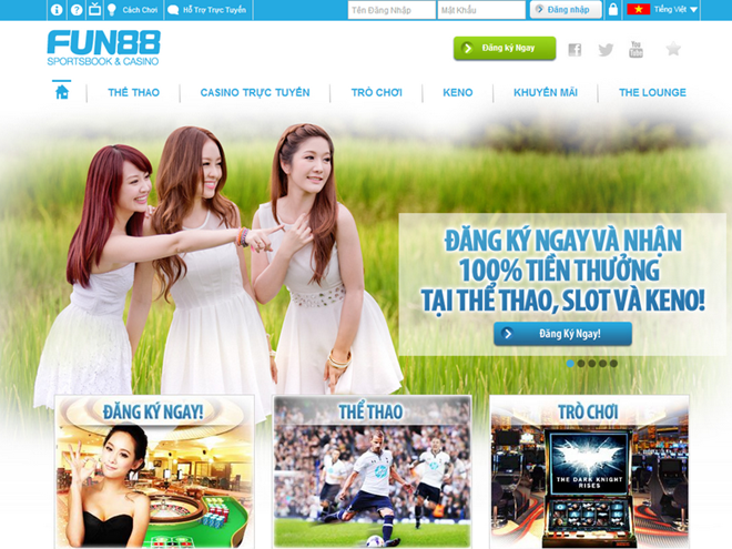 Giao diện trang web đánh bạc trực tuyến trái phép Fun88