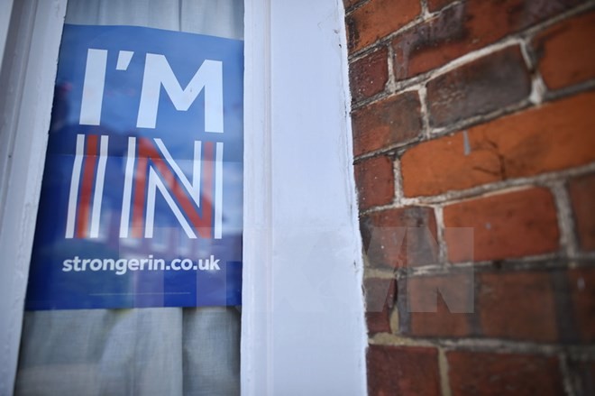 Biển kêu gọi ở lại EU tại khu vực Charing, đông nam thủ đô London, Anh ngày 16/6. (Nguồn: AFP/TTXVN)