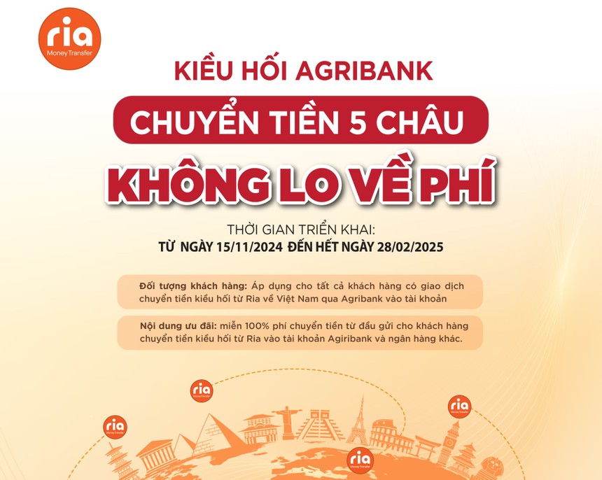 Phí 0 đồng khi chuyển tiền Kiều hối Ria về Việt Nam tại Agribank 