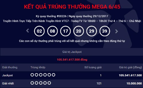 Dãy số trúng Jackpot kỳ 226 ngày 29/12/2017.