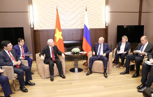 Tổng Bí thư Nguyễn Phú Trọng hội đàm với Tổng thống Liên bang Nga Vladimir Putin. Ảnh: Trí Dũng- TTXVN.