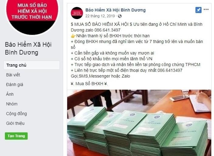 Tài khoản facebook mạo danh Bảo hiểm xã hội Bình Dương.