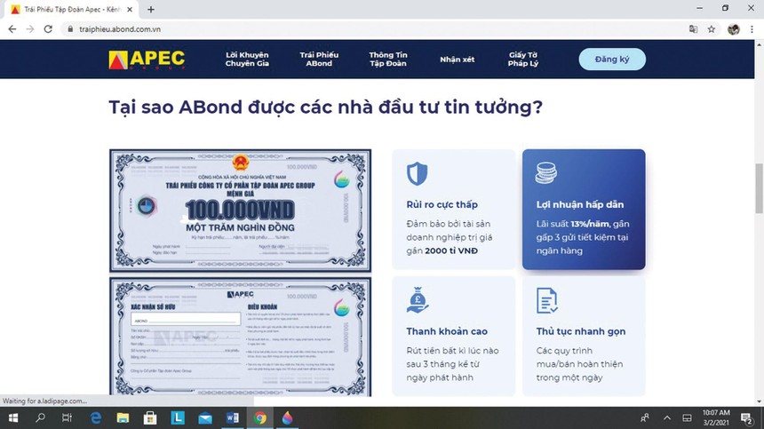 Trái phiếu APEC được giới thiệu trên website của Tập đoàn.