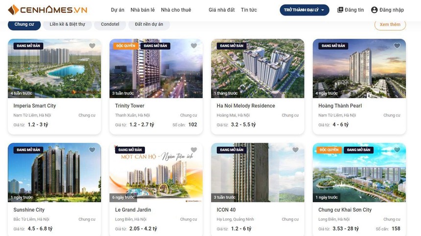 Giao diện của Cenhomes.vn - một proptech tiên phong tại Việt Nam.