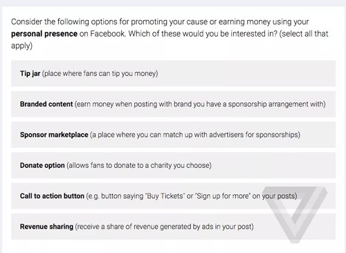 Những lựa chọn kiếm tiền mà Facebook đưa ra trong cuộc khảo sát
