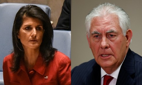 Đại sứ Mỹ tại Liên Hợp Quốc Nikki Haley (trái) và Ngoại trưởng Mỹ Rex Tillerson. Ảnh:Reuters.