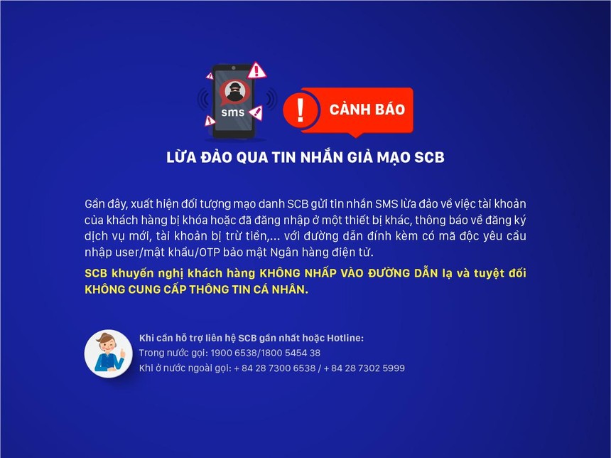 SCB cảnh báo lừa đảo qua tin nhắn giả mạo