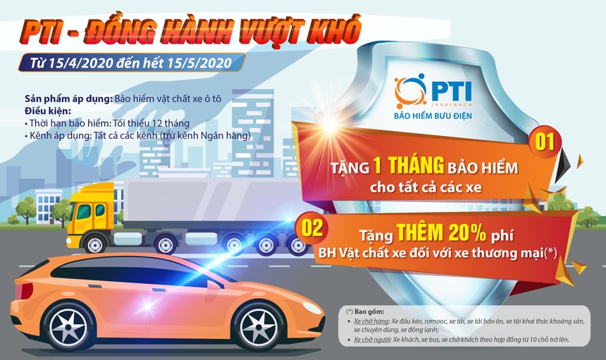 PTI  tặng 1 tháng miễn phí bảo hiểm cho khách hàng tham gia bảo hiểm vật chất xe ô tô 