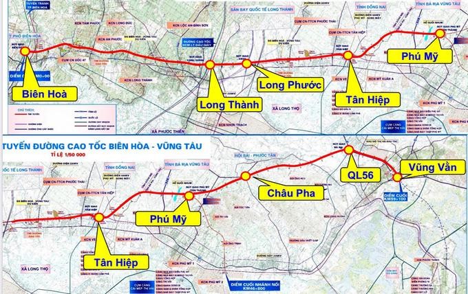 Sơ đồ hướng tuyến cao tốc Biên Hòa - Vũng Tàu.