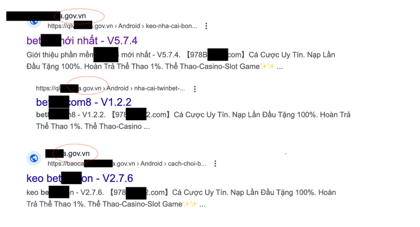 Hàng loạt trang web đuôi .gov.vn bị gắn link quảng cáo cờ bạc.