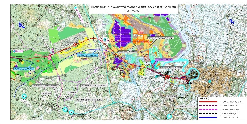 Phương án hướng tuyến đường sắt tốc độ cao qua TP.HCM.