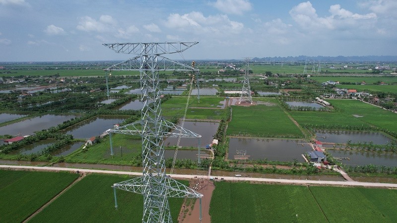 Khoảng néo đầu tiên của Đường dây 500 kV Quảng Trạch - Phố Nối bắt đầu kéo dây. 