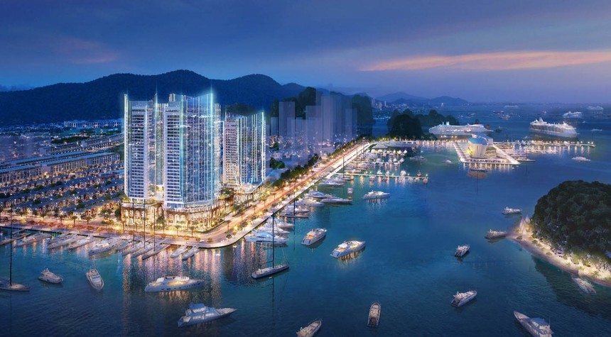 Khung cảnh sầm uất của Thương cảng Vân Đồn trong tương lai với điểm nhấn là dự án Crystal Holidays Harbour Vân Đồn, cung cấp hơn 2.000 phòng khách sạn và căn hộ du lịch “Resort apartment” tiêu chuẩn 5 sao quốc tế