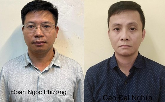 Từ trái qua: Bị can Khương Thanh Tùng, Đoàn Ngọc Phương, Cao Đại Nghĩa. Ảnh: Bộ Công an