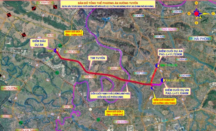 Phương án hướng tuyến của tuyến đường kết nối quốc lộ 17B (tỉnh Hải Dương) với đường 352 (TP Hải Phòng). Ảnh: Báo Hải Dương