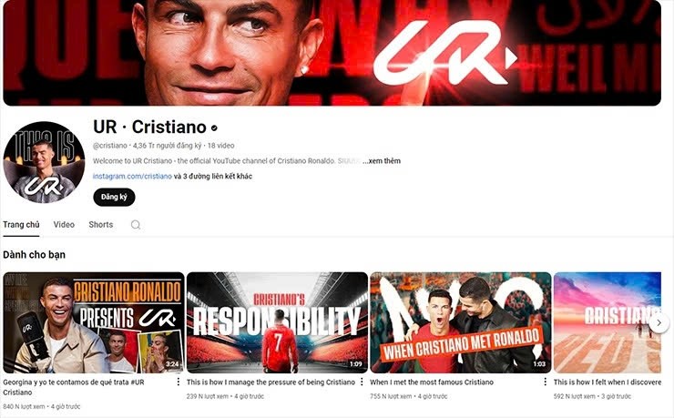 Kênh YouTube mới của Ronaldo. Ảnh chụp màn hình