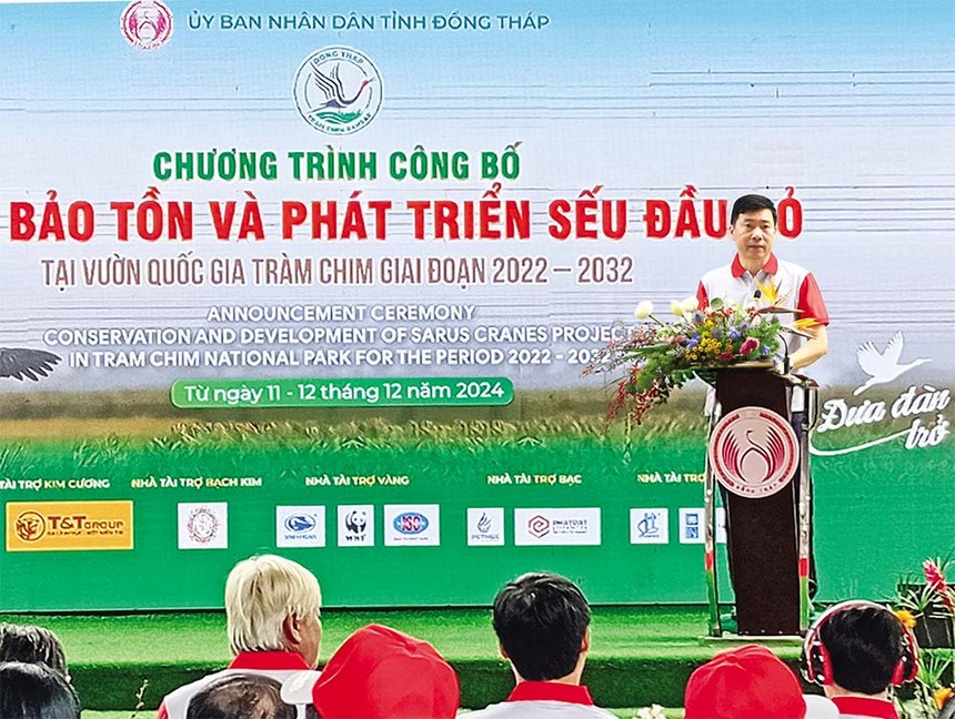 Chủ tịch UBND tỉnh Đồng Tháp Phạm Thiện Nghĩa phát biểu tại Lễ công bố Đề án Bảo tồn và phát triển sếu đầu đỏ Tam Nông - Đồng Tháp