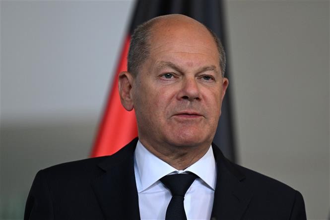 Thủ tướng Đức Olaf Scholz phát biểu trong cuộc họp báo ở Berlin ngày 10/6/2024. Ảnh: AFP/TTXVN