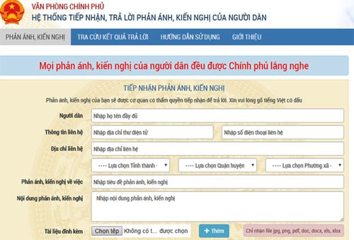 Giao diện hệ thống tiếp nhận, trả lời phản ánh, kiến nghị của người dân được Văn phòng Chính phủ thiết lập tháng 4/2017.