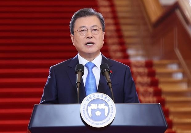 Tổng thống Hàn Quốc Moon Jae-in phát biểu chào Năm mới tại Nhà Xanh ở Seoul ngày 11/1. (Ảnh: Yonhap).