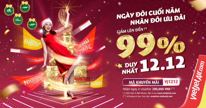 Đại tiệc quà đôi 12/12 từ Vietjet, ưu đãi lên đến 99%